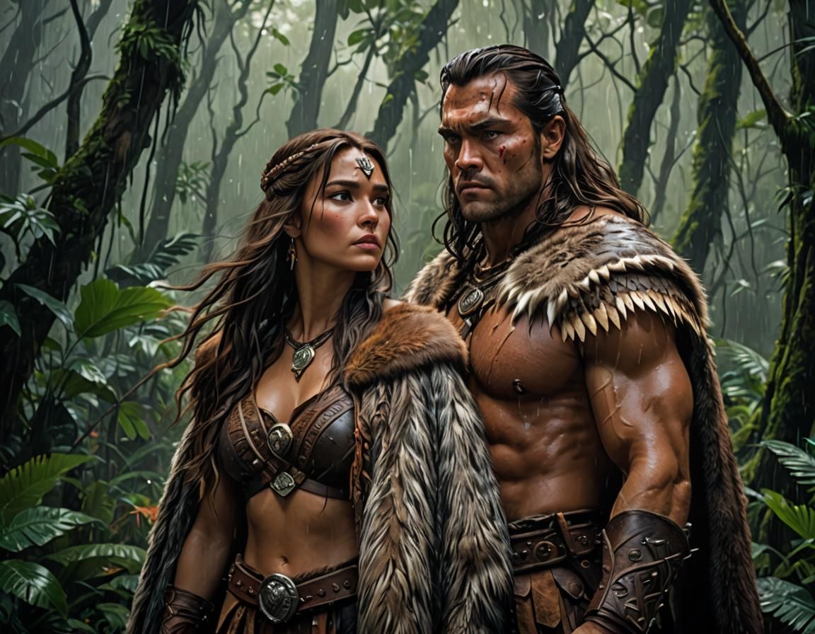 Barbarian Couple Sharing Cloak in Rainy Forest
