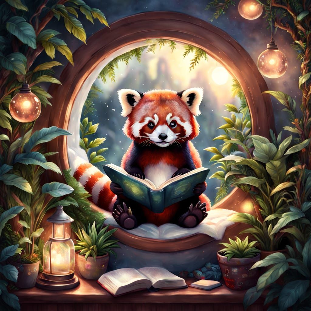 Red Panda Reads in Cozy Nook, Watercolor Style