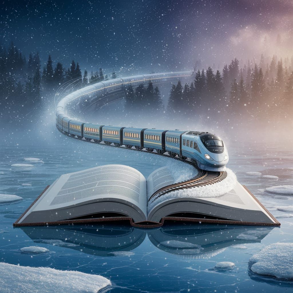 Magical Night Train Crosses Giant Book on Frozen Lake