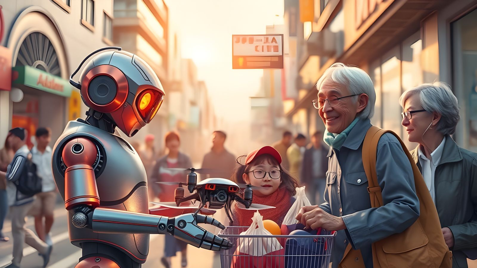 Anime-Style Urban Scene with Robots Assisting Humans