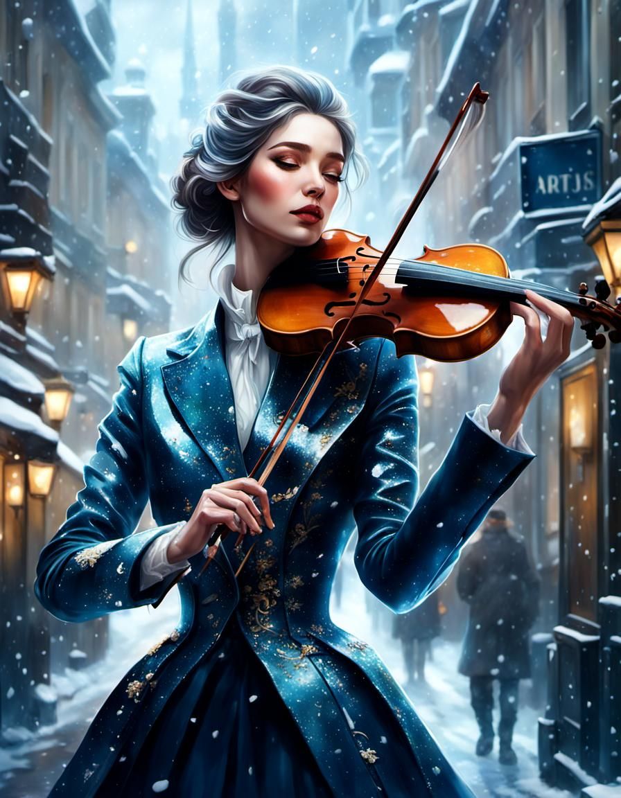 Girl Plays Violin in Snowy Street, Art Nouveau Style