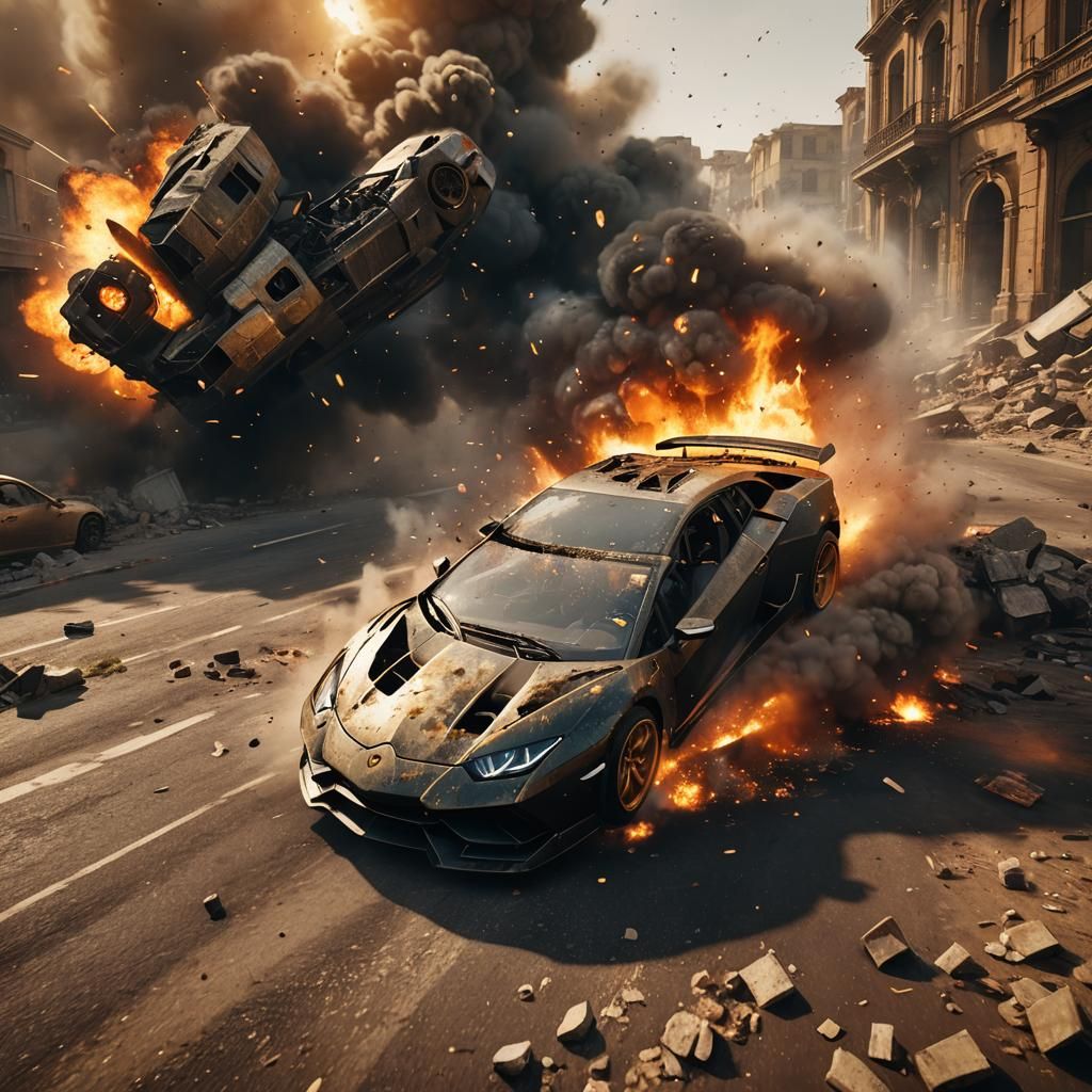 Lamborghini Drifting from Explosion in 3D Game Cinematic