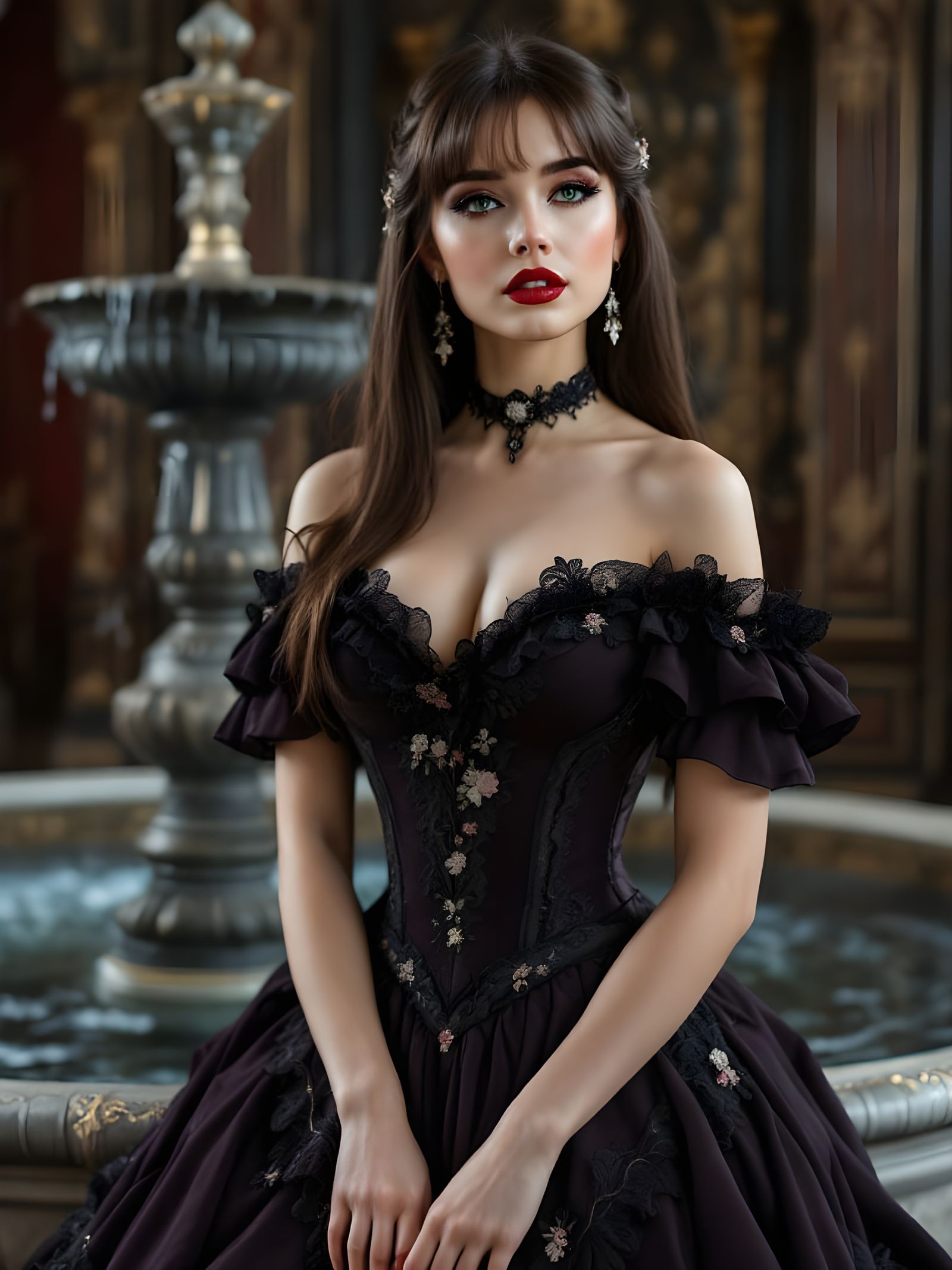 Elegant Woman in Vintage Gown with Ornate Accents
