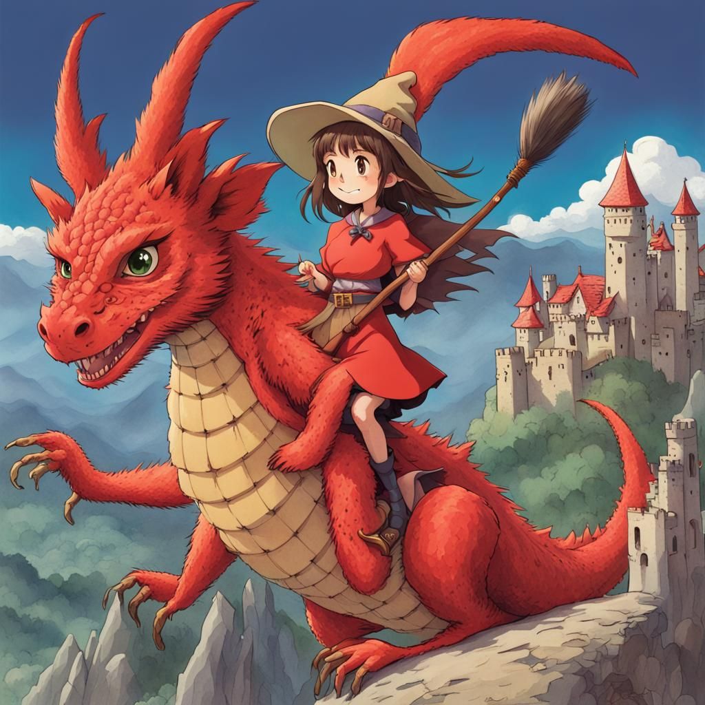 Ghibli Witch and Quokka Ride Dragon Over Castle
