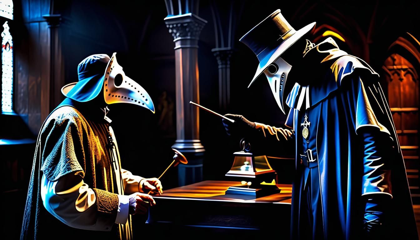 Plague Doctor Examines Patient in Medieval Hall