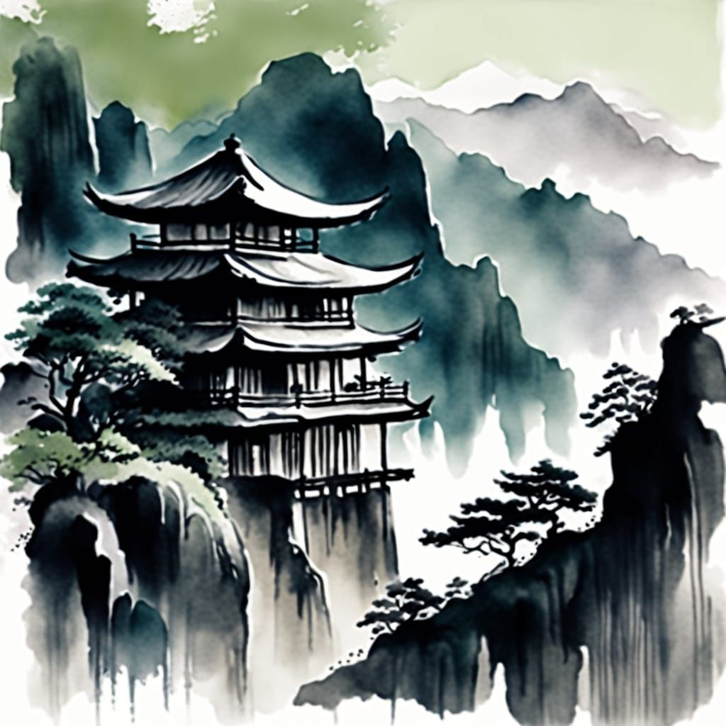 Cliffside Teahouse in Sumi-e Ink Painting Style