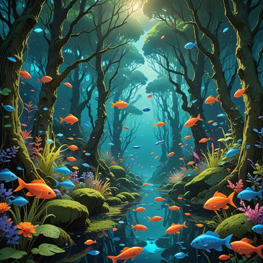 Surreal Bioluminescent Fish Swim Through Enchanted Forest in...