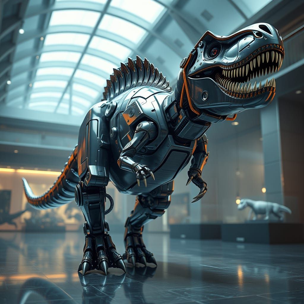 Cyberpunk Tyrannosaurus Rex Robot in Museum