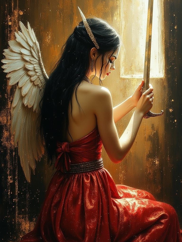 Medieval Woman with Angel Wings in Twilight