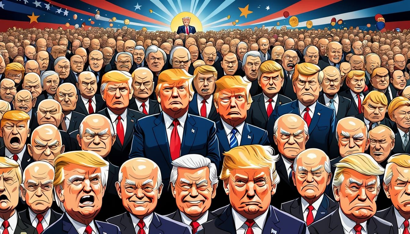 Cartoon Anime Gathering of Donald Trump's Many Faces