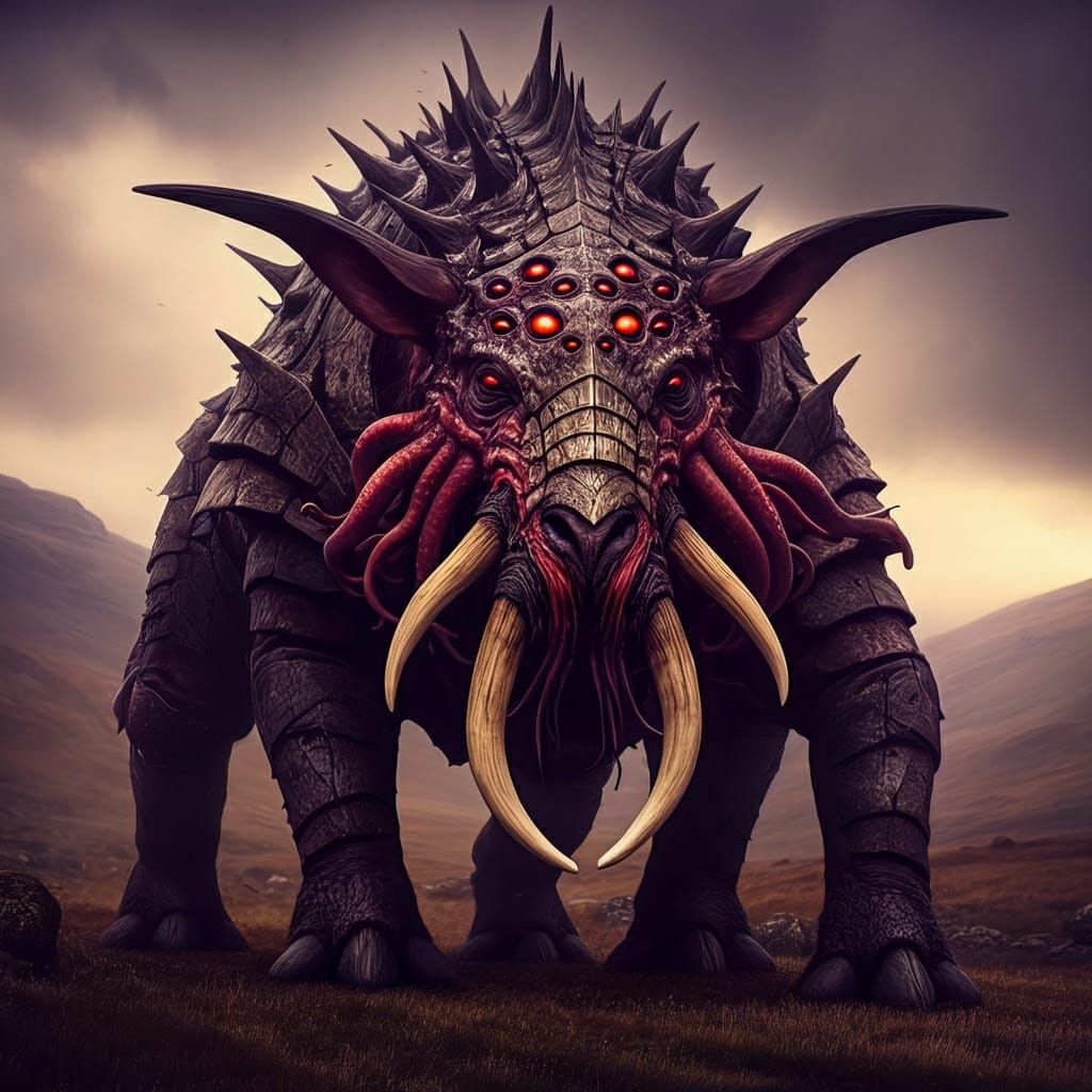 Armored Alien Mammal in Dark Fantasy Landscape