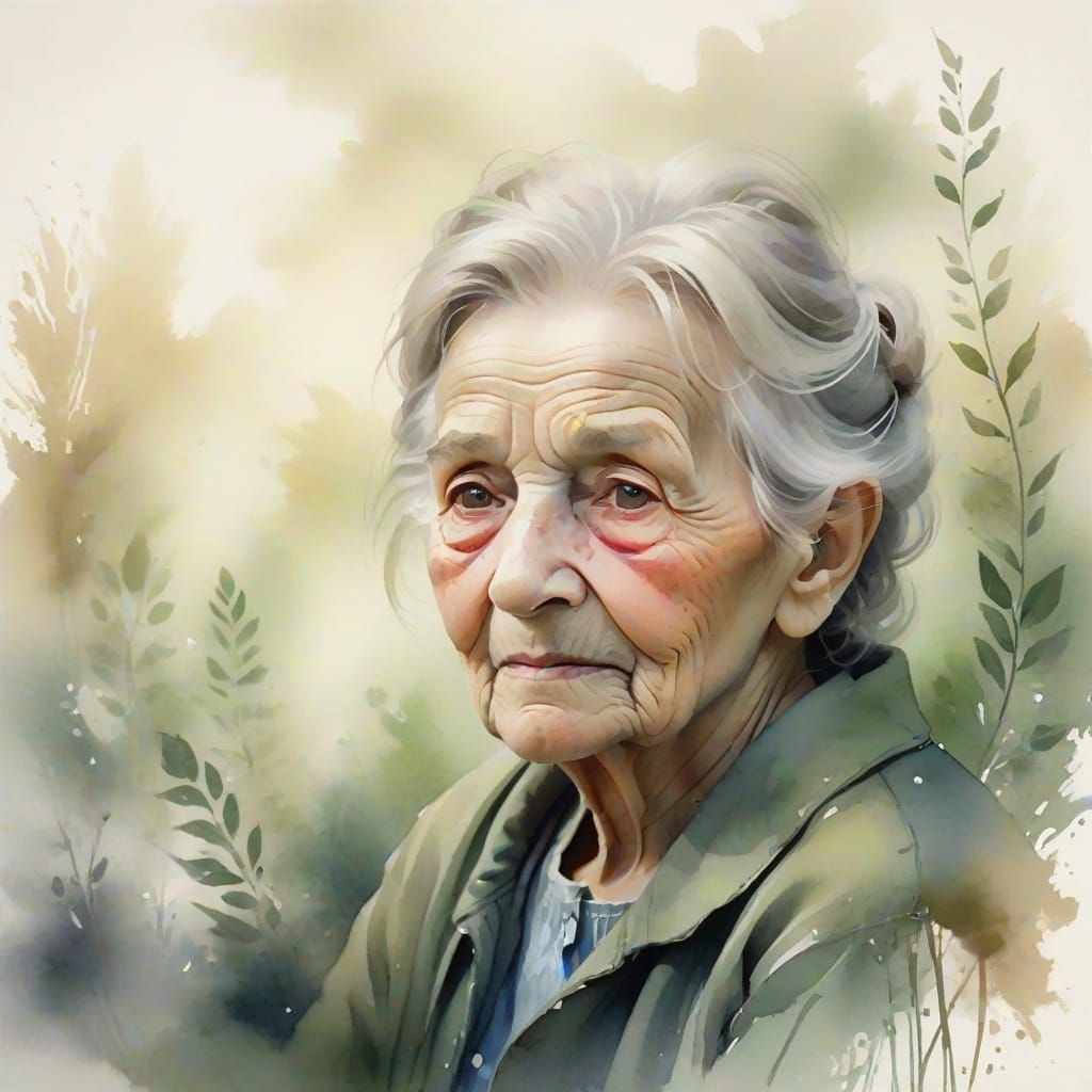 Soft Focus Watercolor Portrait of a Kind Elderly Woman in a ...