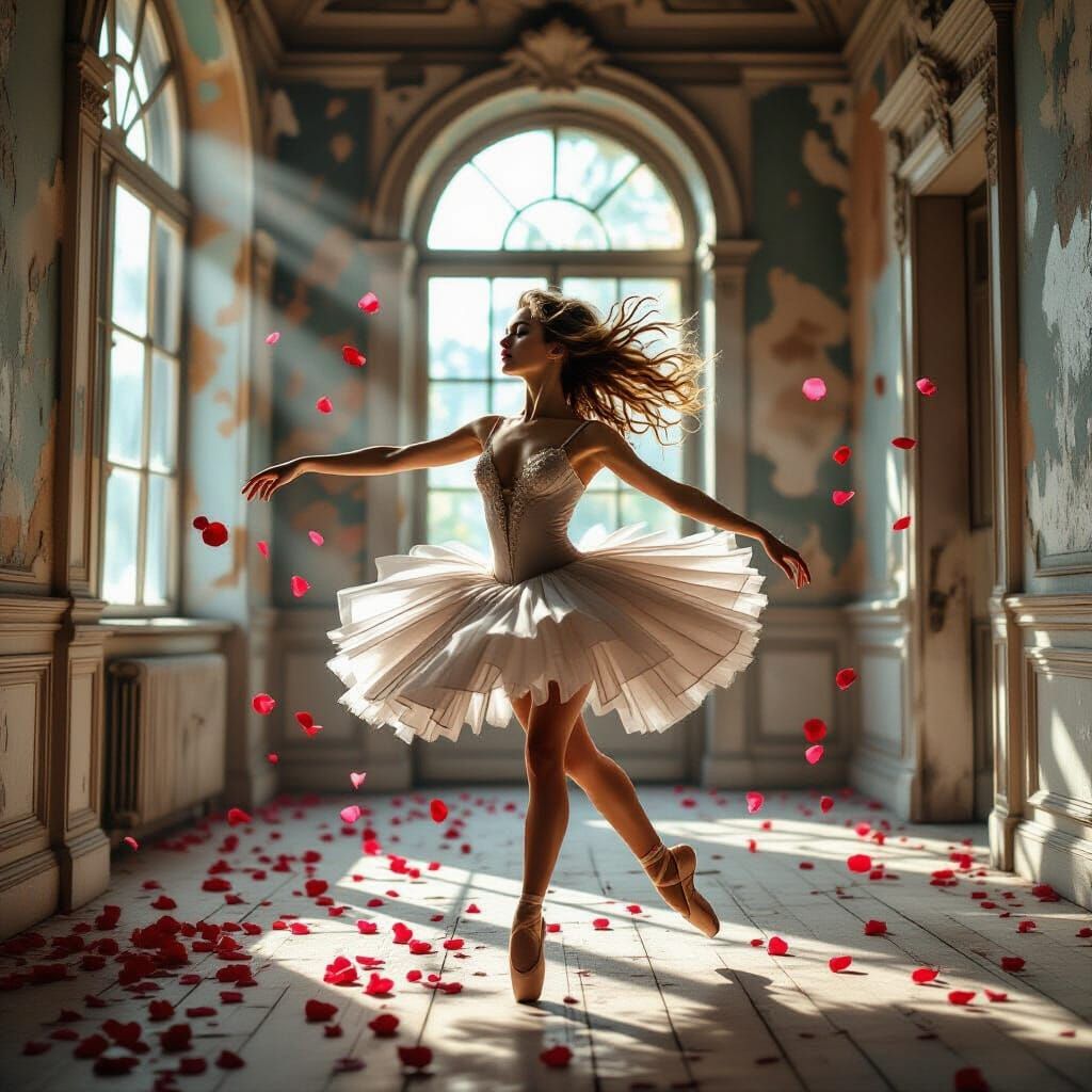 Ballerina Dances in Dilapidated Ballroom, Ethereal Glow