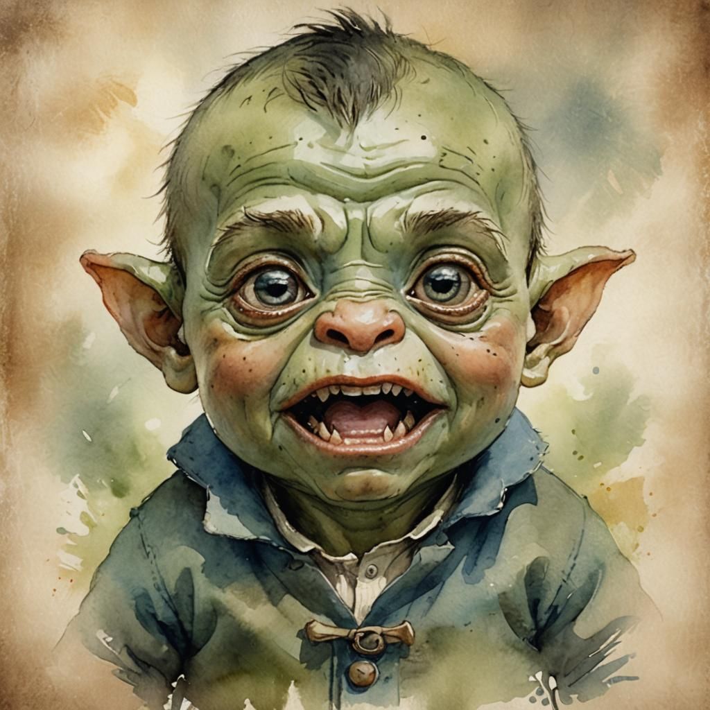 Adorable Baby Orc Portrait in Watercolor Style