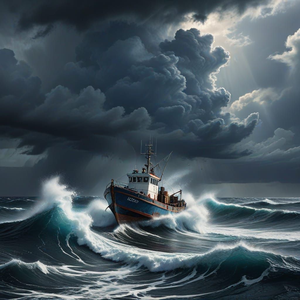 Fishing Boat Battles Stormy Seas in Dramatic Splash Art