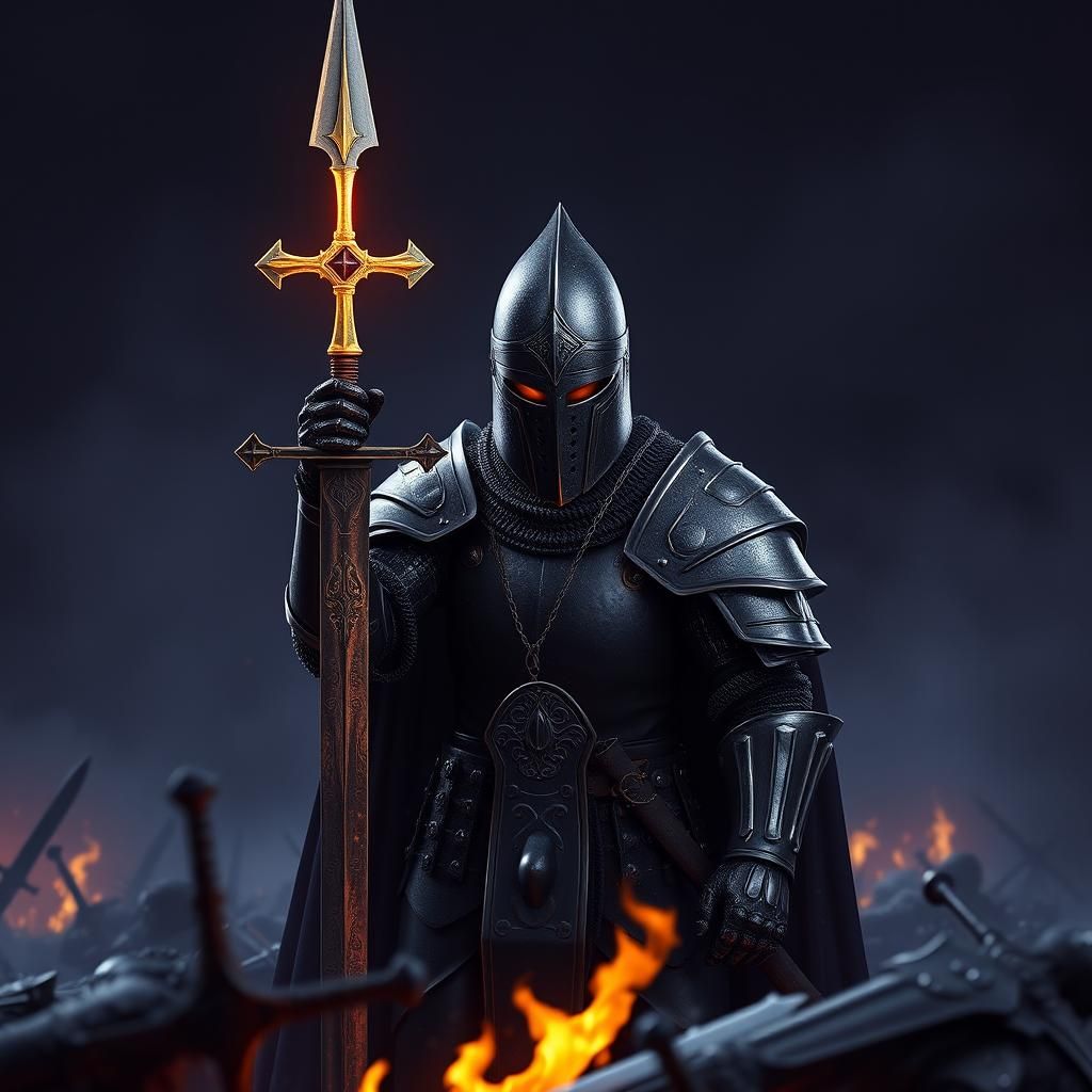 Knight Crusader in Black Armor on Dark Battlefield