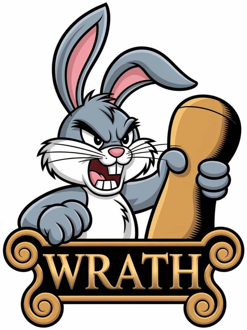 Angry Cartoon Rabbit Pounds Training Dummy with Gold Plaque