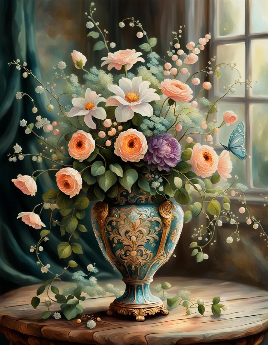 Baroque Floral Still Life with Fairy Lights