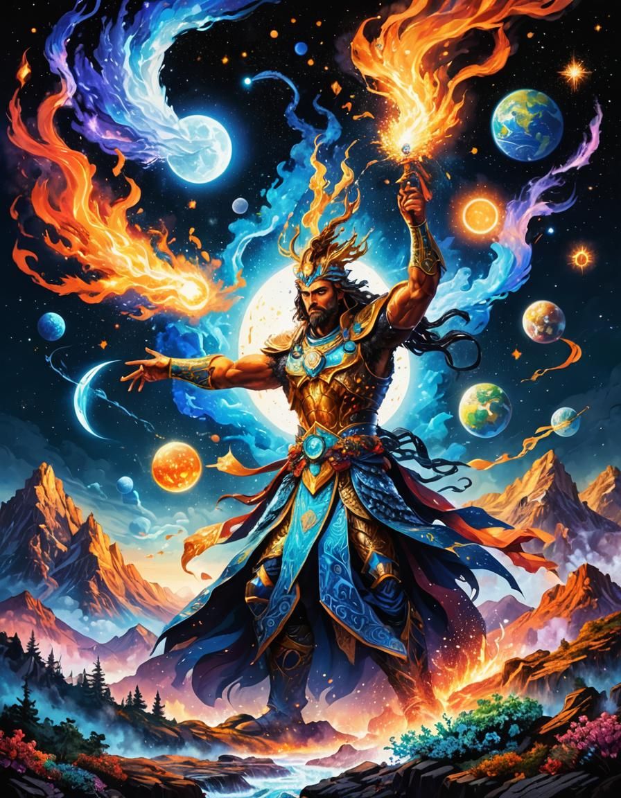 Legendary Hero Commands Elements in Pointillism Art