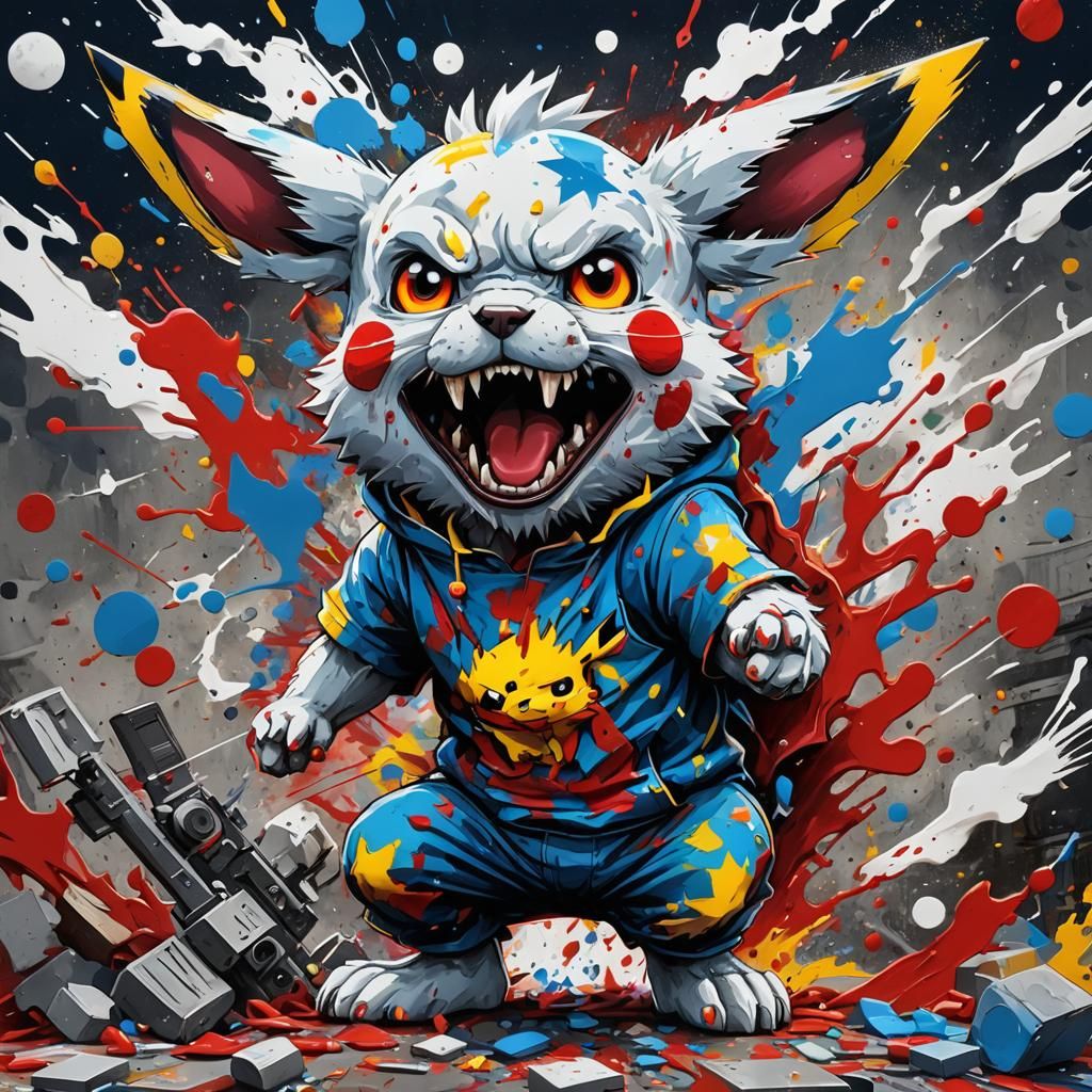 Graffiti Art: Angry Pikachu Wolf in Sci-Fi Style