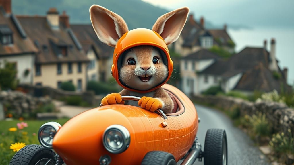 A joyful, anthropomorphic rabbit, clad in a tiny, bright orange racing helmet and matching gloves, smiles broadly as he ...