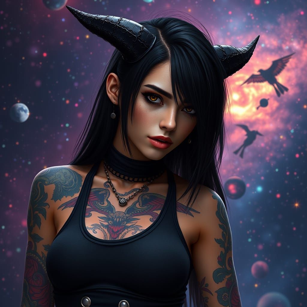 Gothic Girl with Devil Horns in Galaxy, Matte Painting