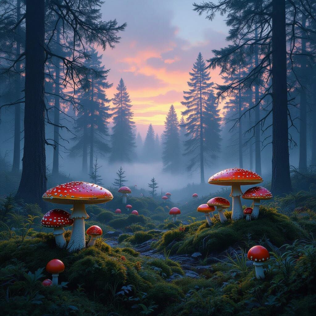Siberian Pine Forest at Twilight with Fog and Mushrooms