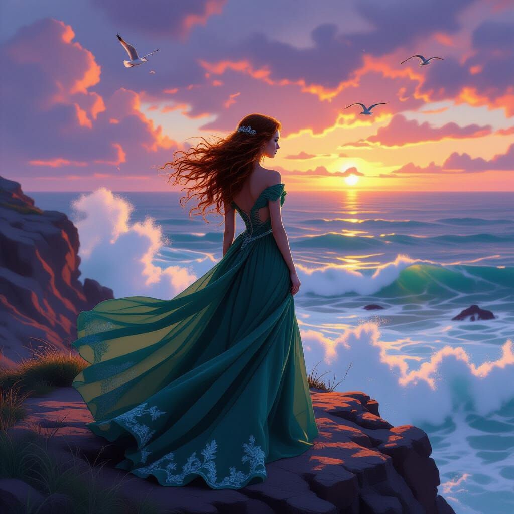 Auburn-Haired Woman in Green Gown by the Sea