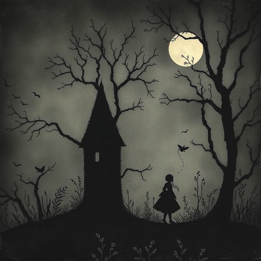 Minimalist Dark Fairytale Watercolor Illustration