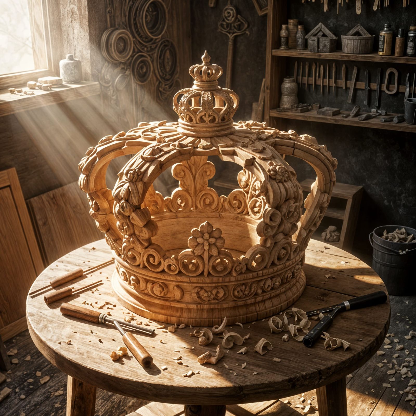 Intricately Carved Wooden Crown on Workshop Table
