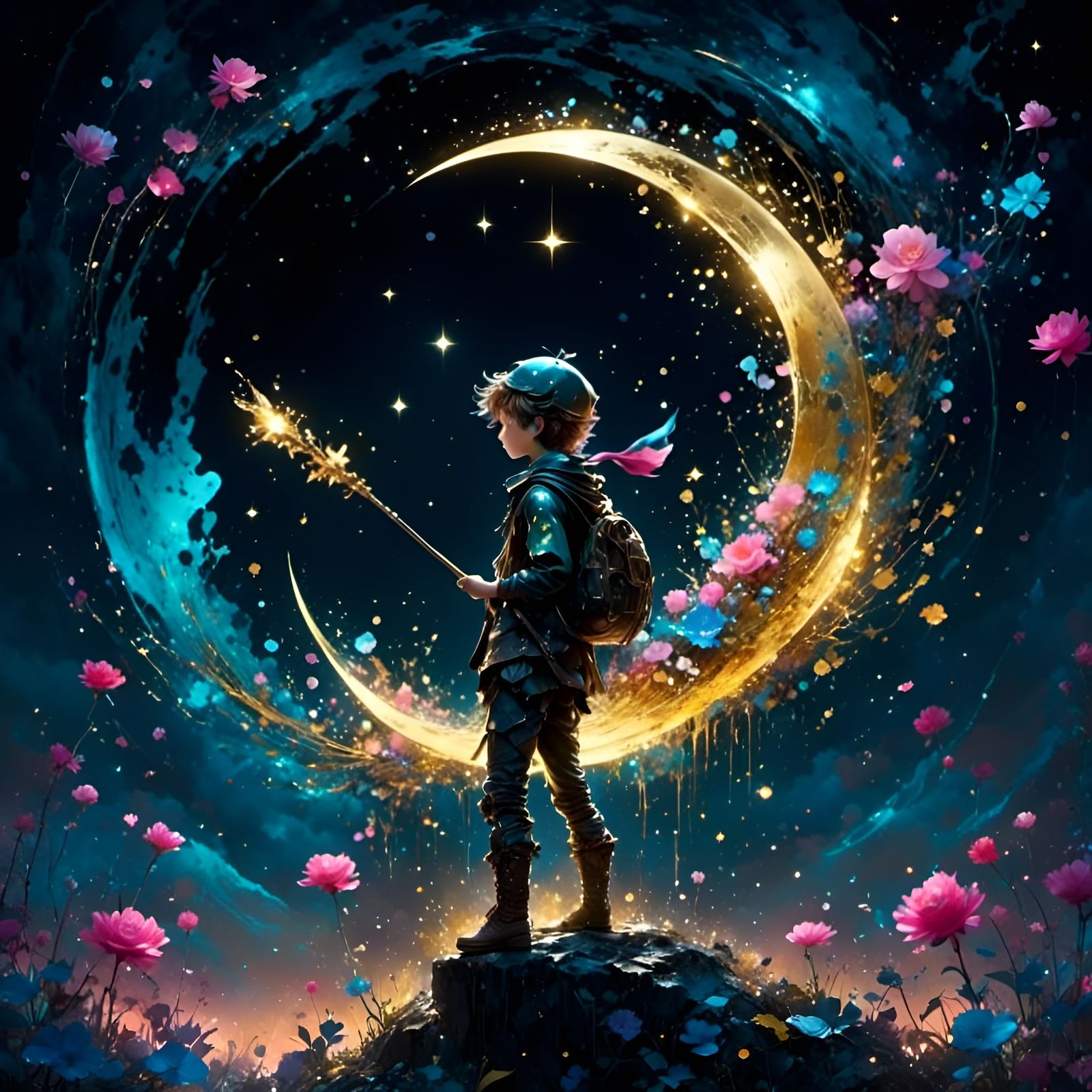 Cartoon Peter Pan on Moon with Ink Splatters