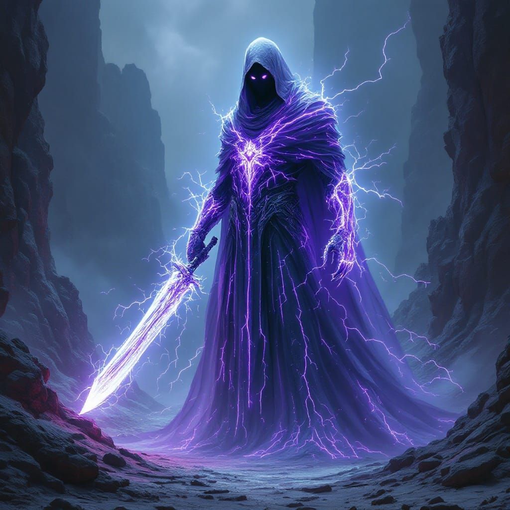 Shadowy Figure with Void Blade in Ethereal Landscape