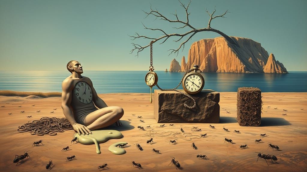 Dreamlike Landscape with Melting Timepieces in Dalí-Inspired...