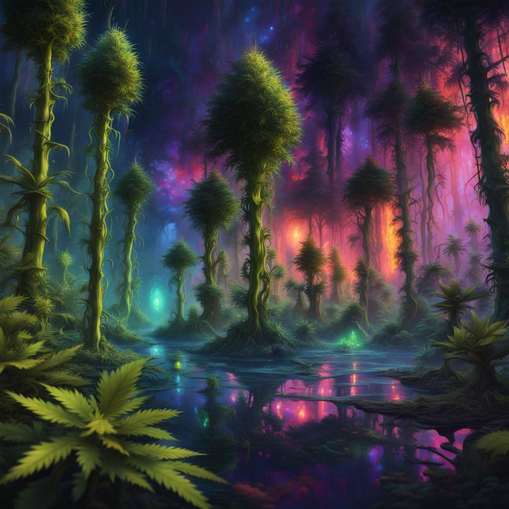 Trippy Cannabis Forest with Enchanted Fireflies