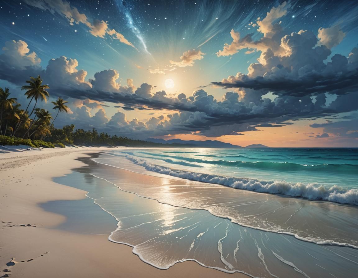 Tropical Beach Seascape: Post-Impressionist Style