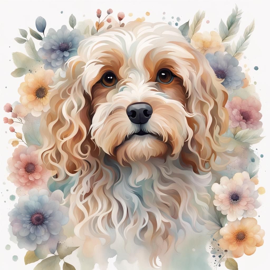 Cavapoo Portrait with Boho Flowers in Watercolor