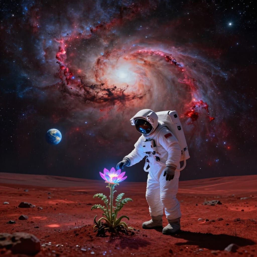 Astronaut Plants Glowing Flower on Crimson Alien Planet