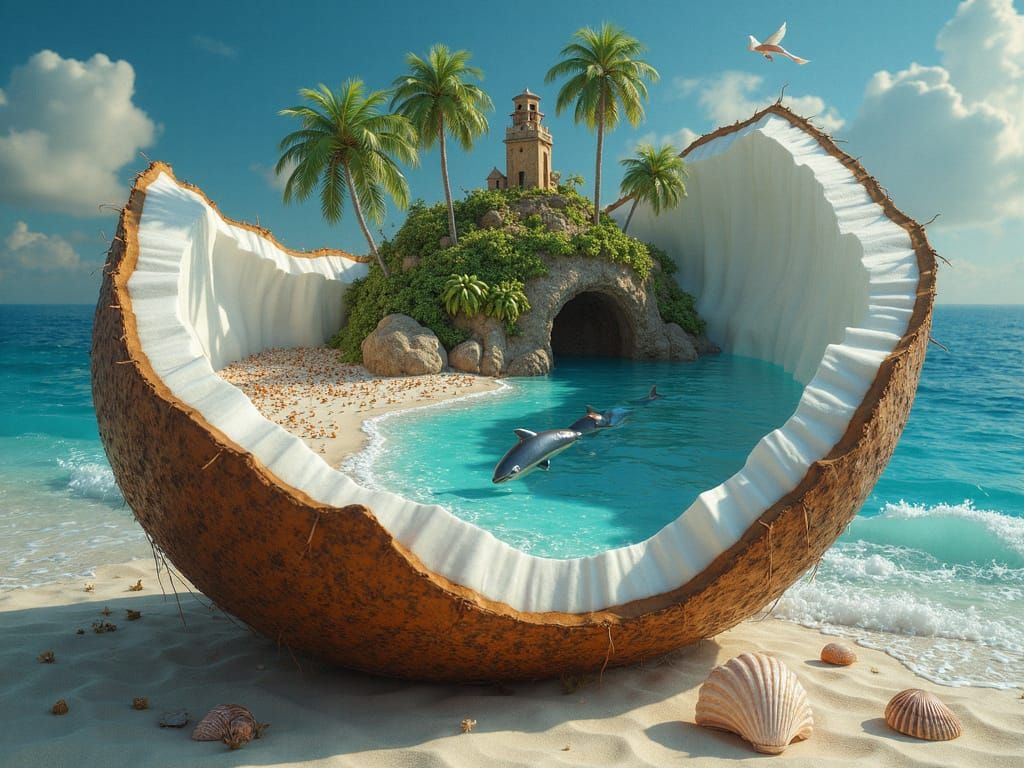Surreal Tropical Island Emerges from Coconut: 3D Art