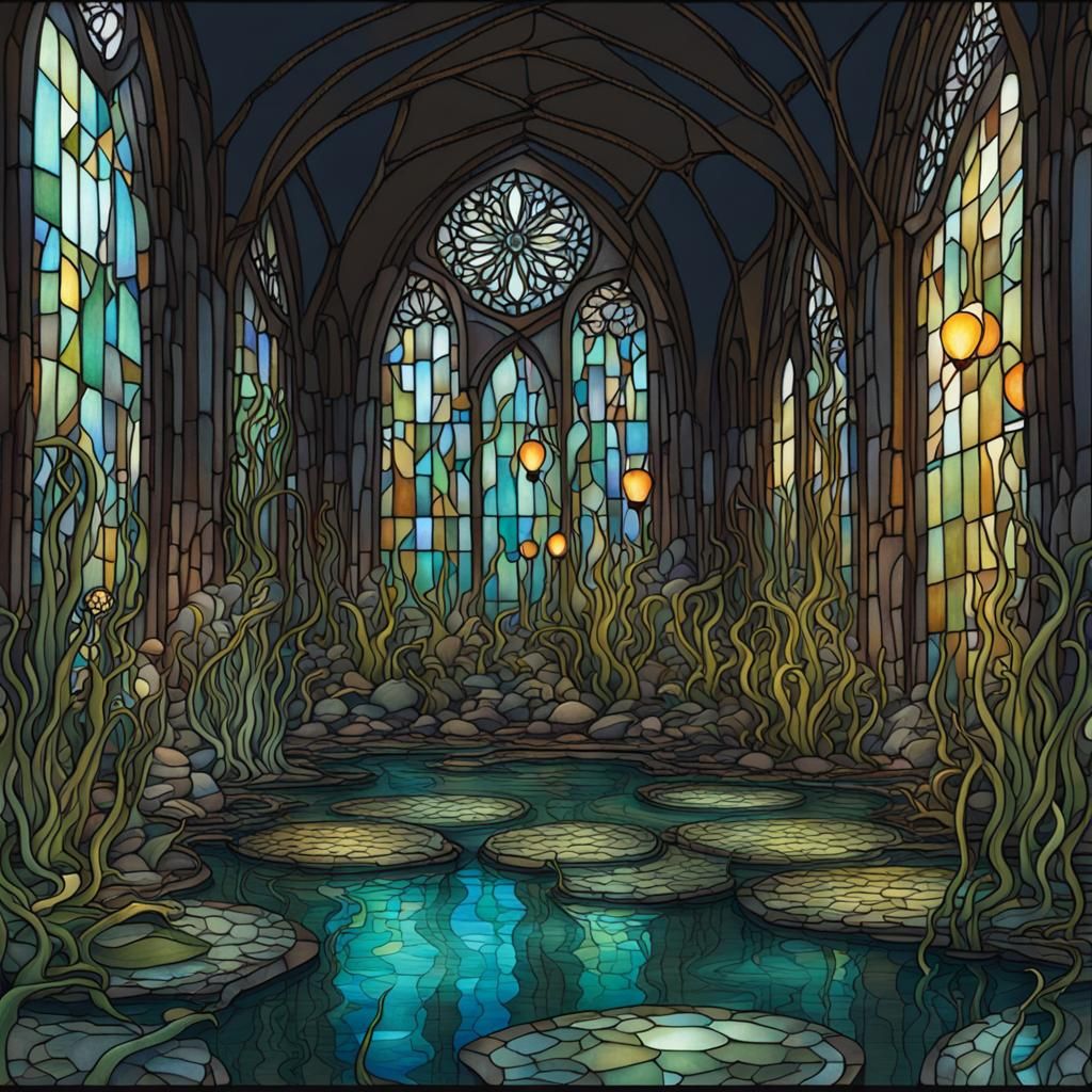 Underwater Cathedral with Octopus and Light Rays