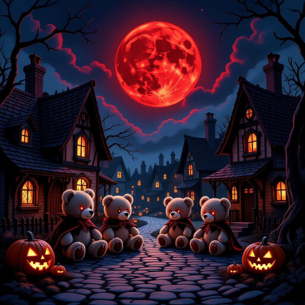 Vampire Teddy Bears in Haunted Village Under Blood Moon