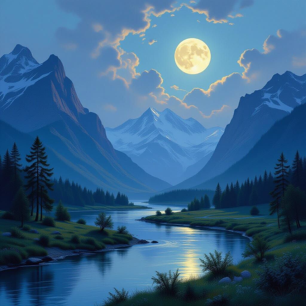 Romantic Mountain River Landscape with Moon