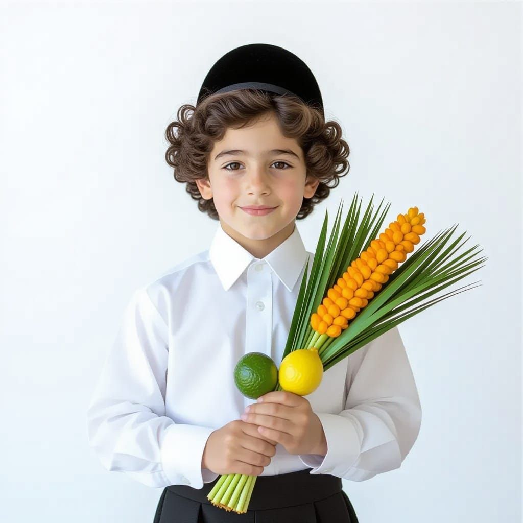 Hasidic Jewish Boy in Traditional Attire with Four Species