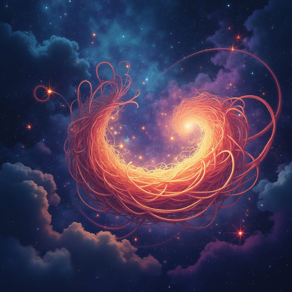 Vibrant Cosmic Spaghetti Swirls in Starry Sky