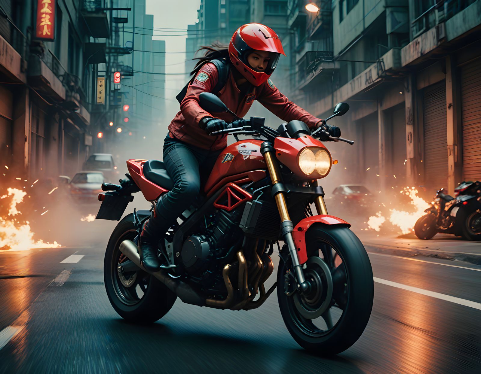Artemis Races Red Akira Motorcycle in Cinematic Film Style
