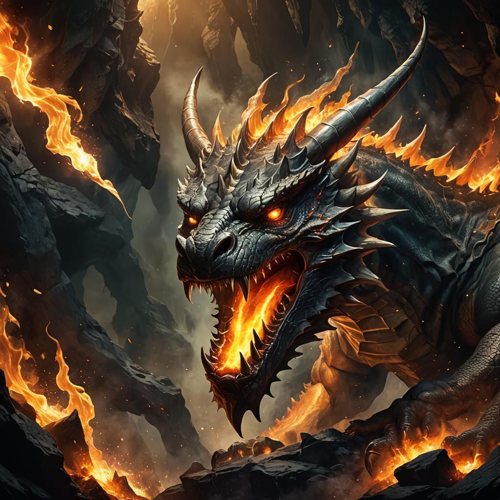 Dramatic Dragon Breathing Fire in Dark Cavern
