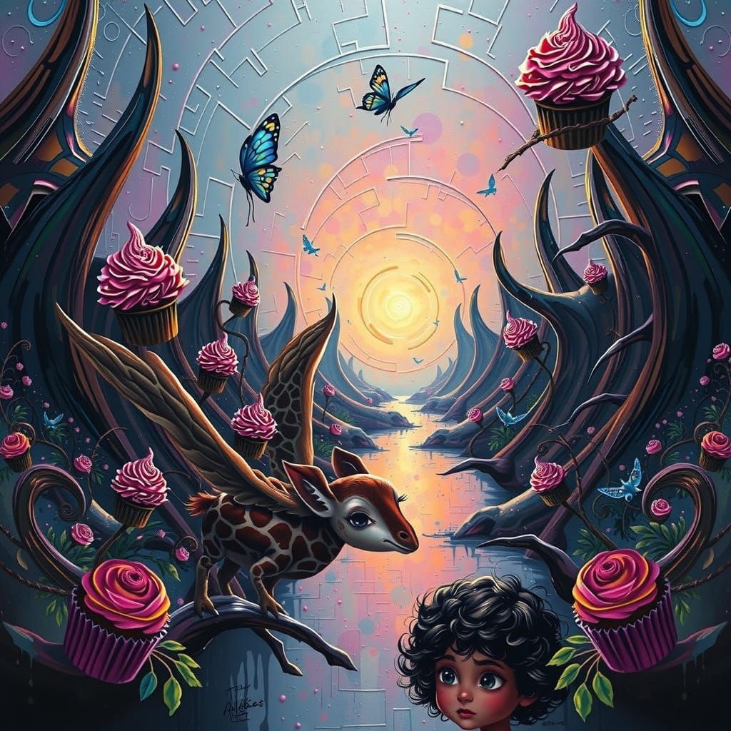 Flying Giraffe with Cupcakes in Impasto Style