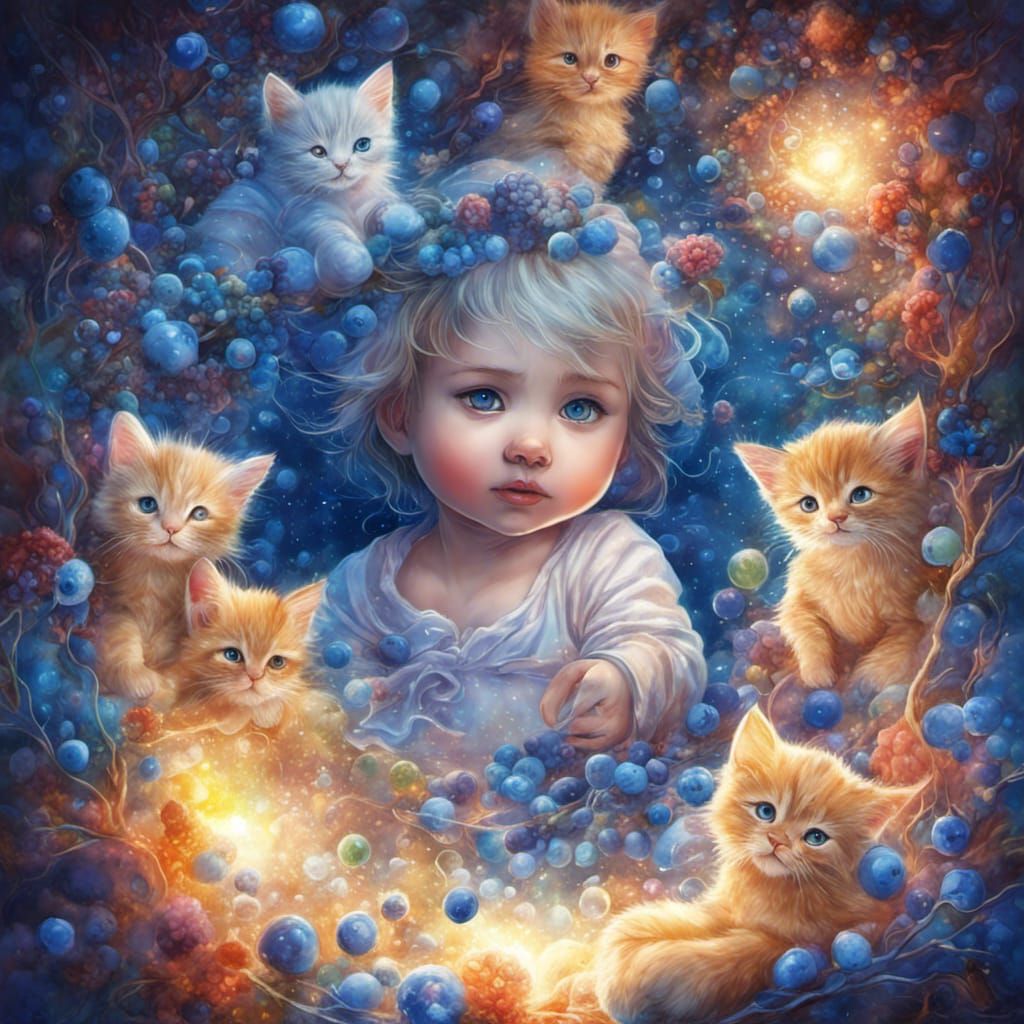 Babies, Kittens, and Blueberries in Fantasy Style