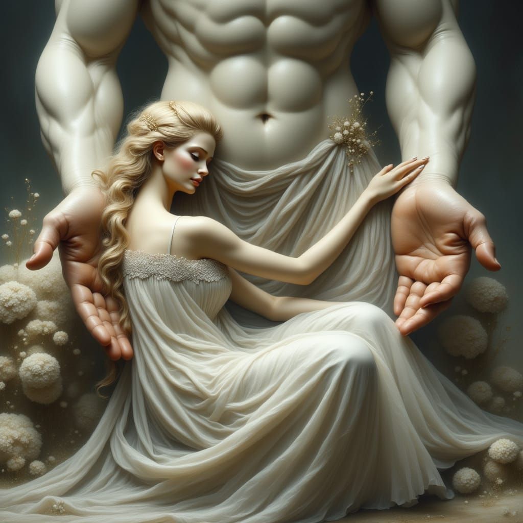 Divine Hands Cradle Delicate Maiden in Ethereal Setting