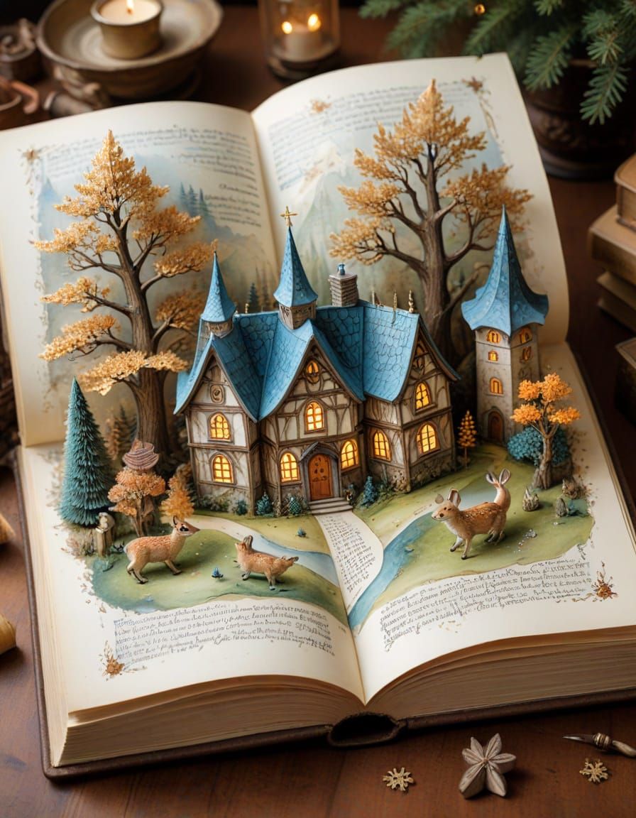 Enchanted Book Village in Watercolor Style