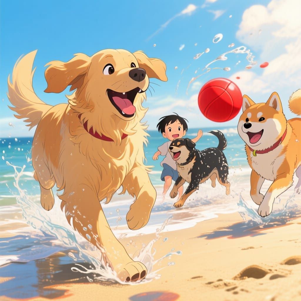 Dogs and Child Play on Sunny Beach in Anime Style